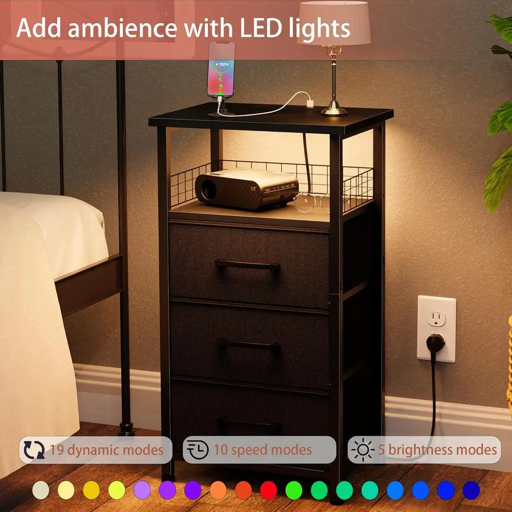 충전 스테이션이 포함된 블랙 침실 나이트스탠드 세트, LED 조명 엔드 테이블, 패브릭 서랍 및 USB 포트