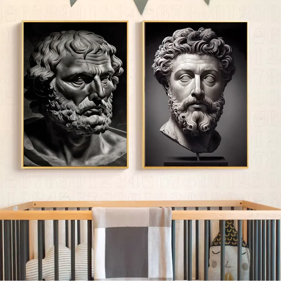 Frameless Canvas Print Classical Black And White Bearded Statue Busts Wall Art Living Room Bedroom Decoration