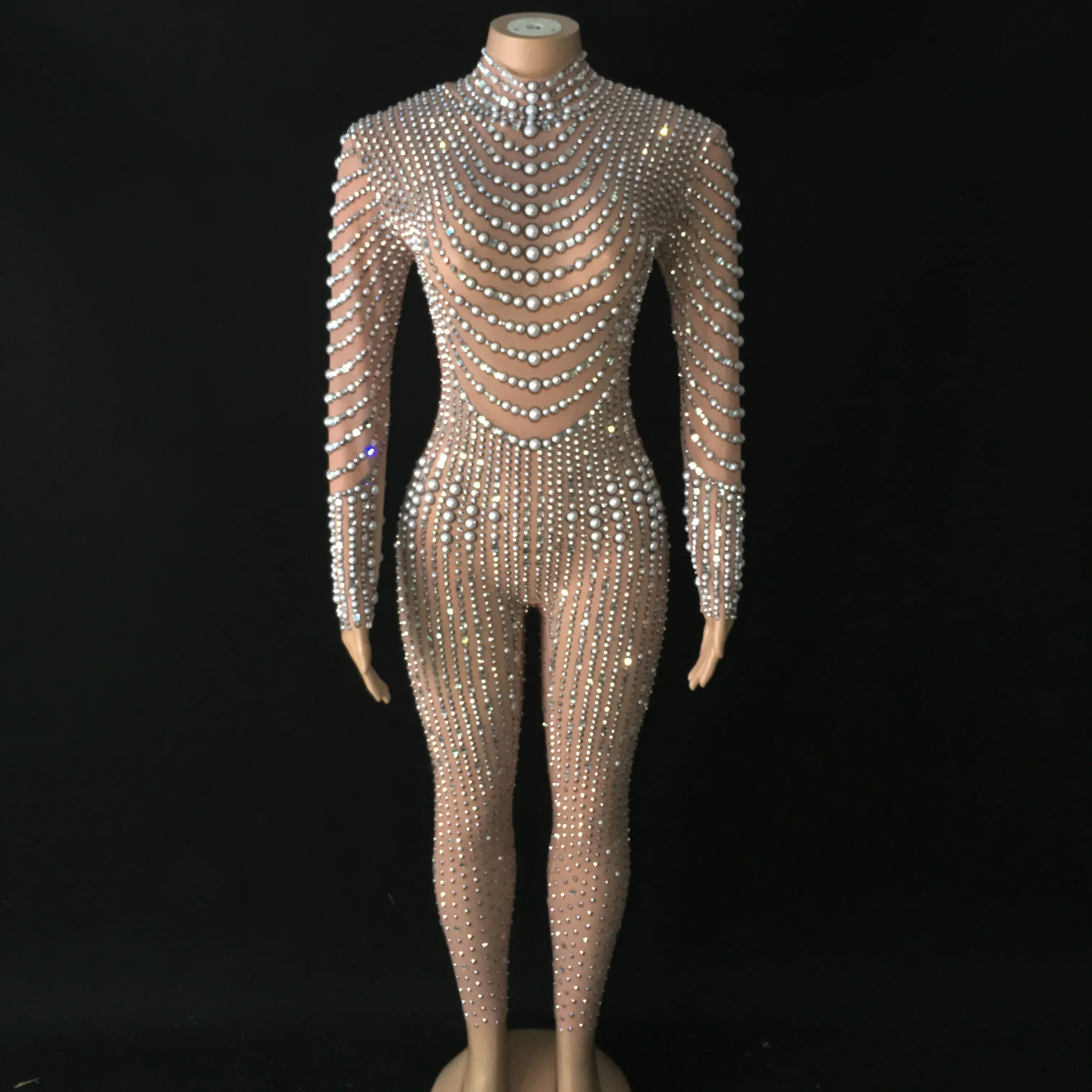 Bright Pearls Crystals Mesh Jumpsuits Sexy Rhinestones Perspective Bodysuit Stage Dance Wear Celebrate Shining Costume