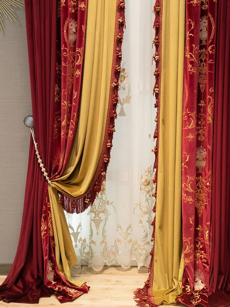 Window Villa Window Screen Royal High-end Red Gilded Embroidered Flannelette Patched Curtains For Living Room Bedroom French