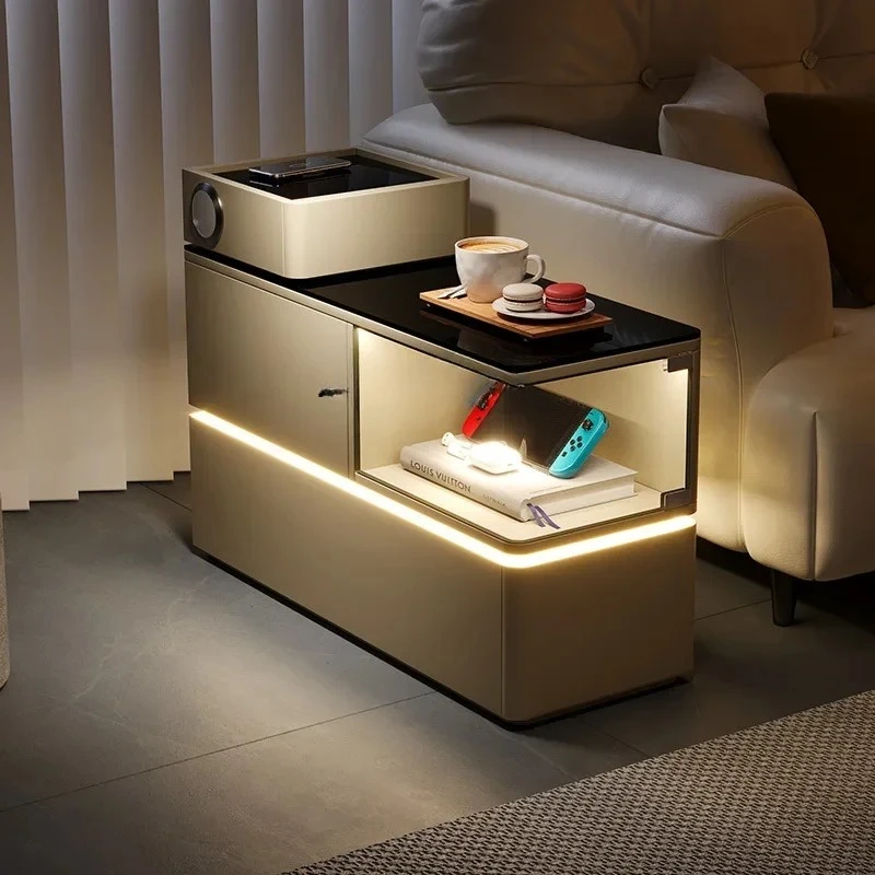 A  Sofa side light luxury solid wood movable living room creative multi-functional small coffee table with lamp