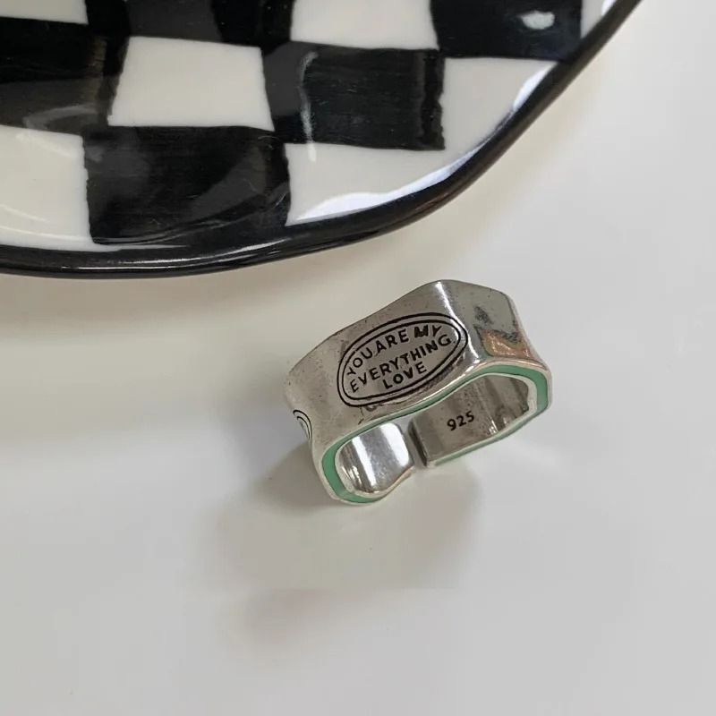 Vendita calda Trendy Love Letter Carving Green Stripe Retro Thai Silver Ladies Ring proporre gioielli per le donne regali di san valentino