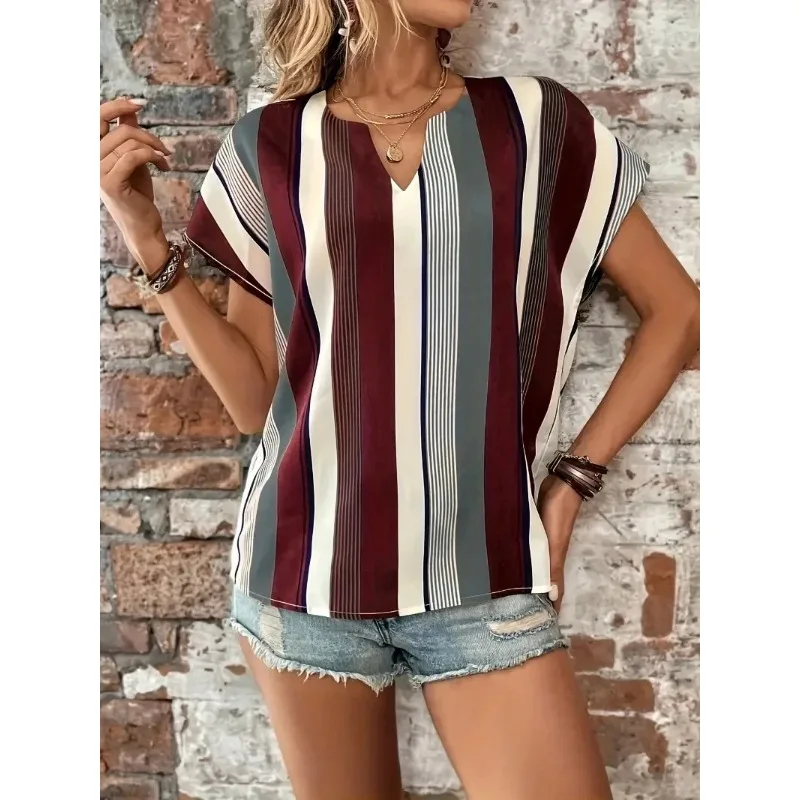 Plus Size 1XL-8XL Casual T-shirt Women\'s Plus Stripe Print Short Sleeve Notched Neck Top