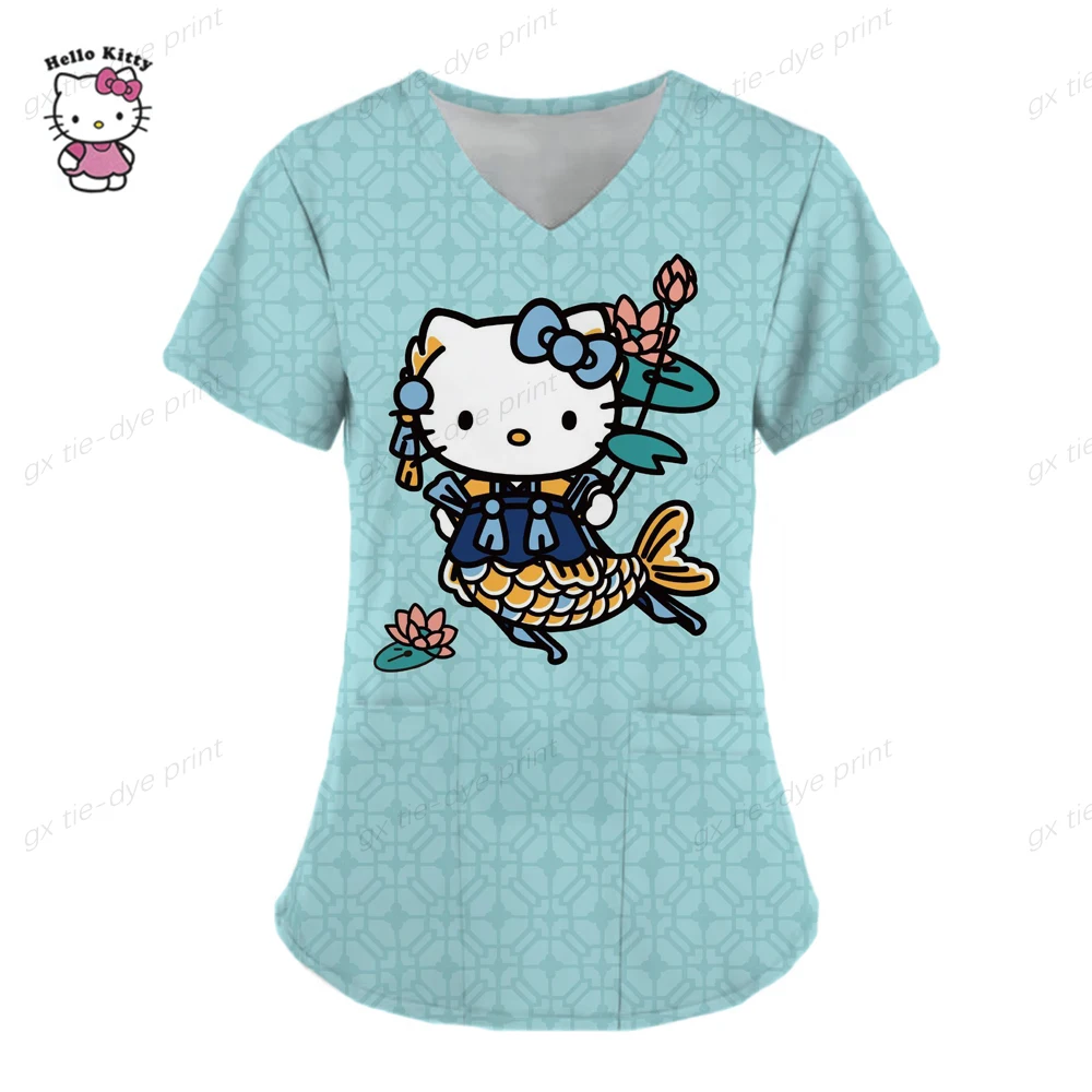 Girlish Style Women Short Sleeve Hello Kitty Print Sweet Nurse V-Neck Pocket Care Workers T-Shirt Tops Clinic Working Clothing