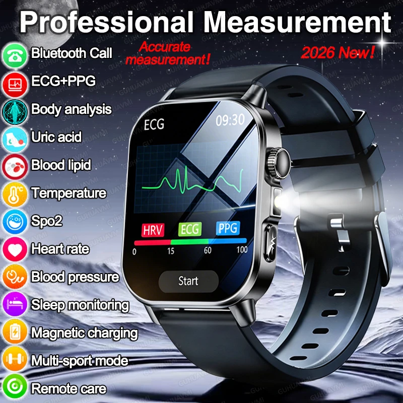 2026 Original Men Health Accurate Diagnosis Smart Watch ECG+HRV BP Blood Oxygen Uric Acid Heart Rate Bluetooth Call Smartwatch
