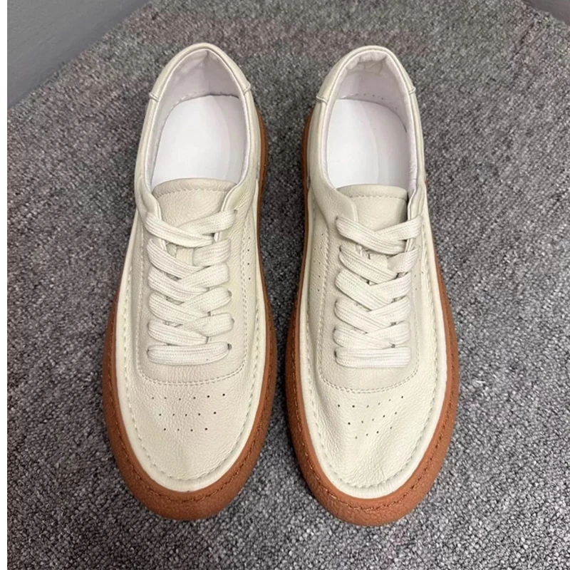 Men's Top Grain Leather Casual Shoes Comfort Sole | Vintage White Minimalist Sneakers | Versatile Genuine Cowhide Plimsolls
