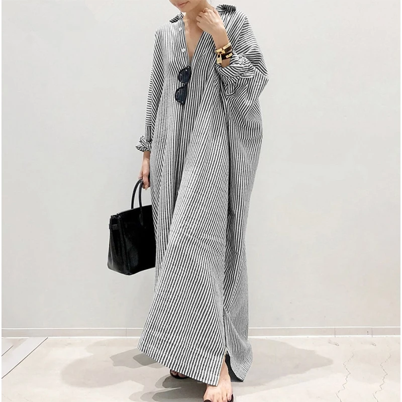 Vintage Stripe Printed Beach Sundress Women's Summer Dress Large Size Spring Autumn Elegant Casual Long Sleeve Plus Size Dresses