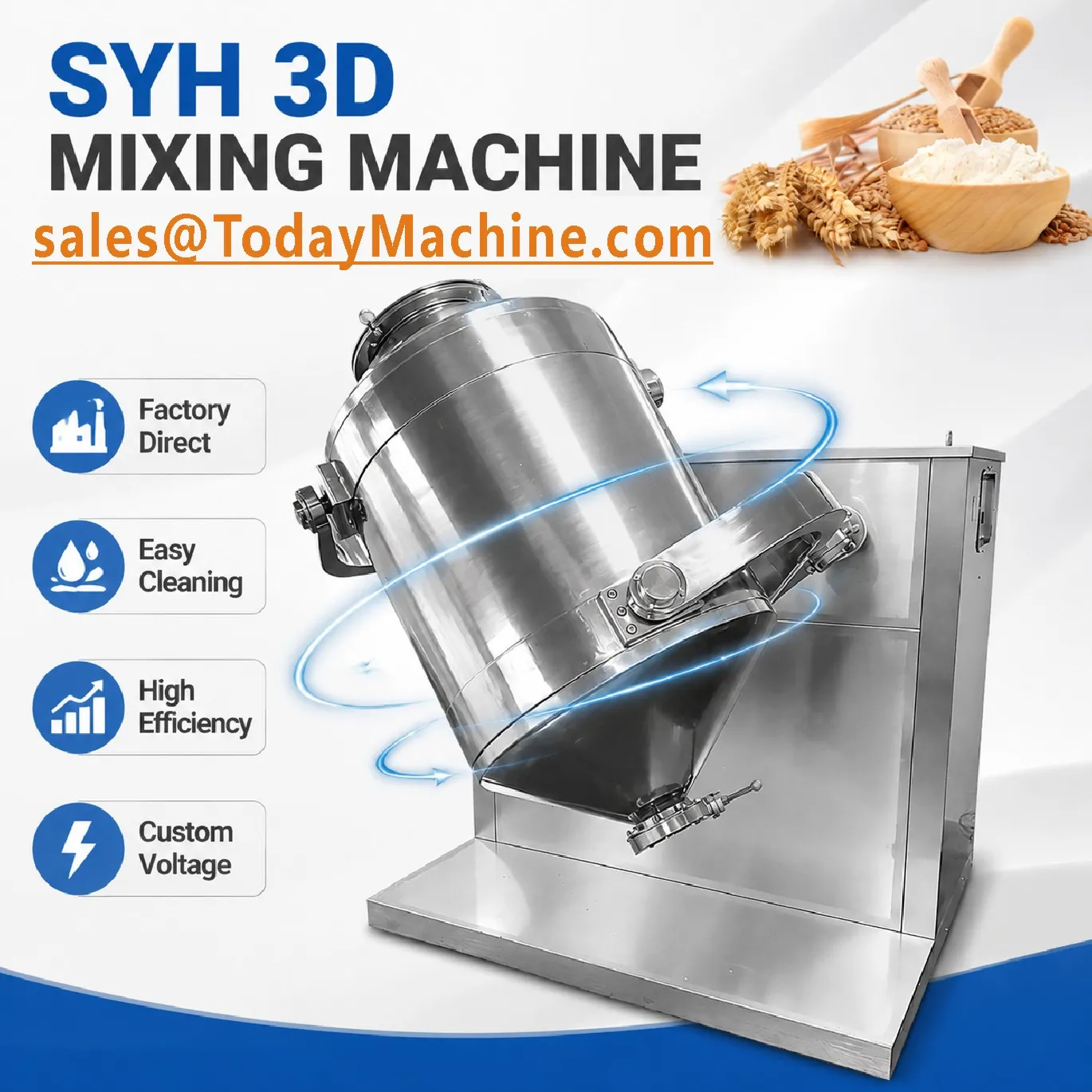 Industrial Food Chemical 3D Drum Mixer Blender Double Cone Swing Rotating Mixer Machine