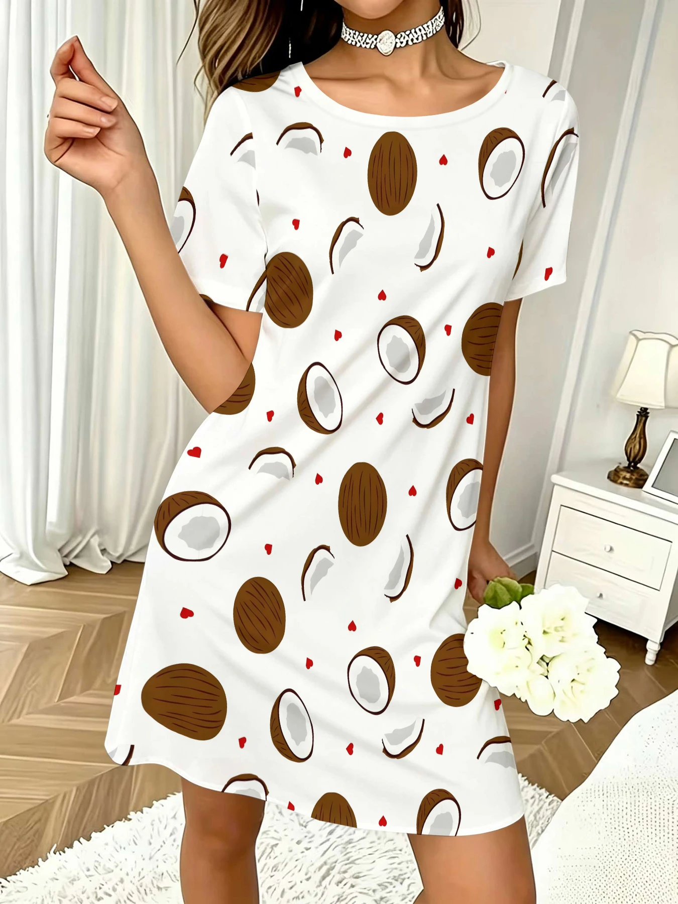 Women's Round Neck Short-Sleeved Dress with White Background, Cartoon Coconut and Small Red Hearts, Tropical Fruit All-Over Print, A-Line Casual Dress