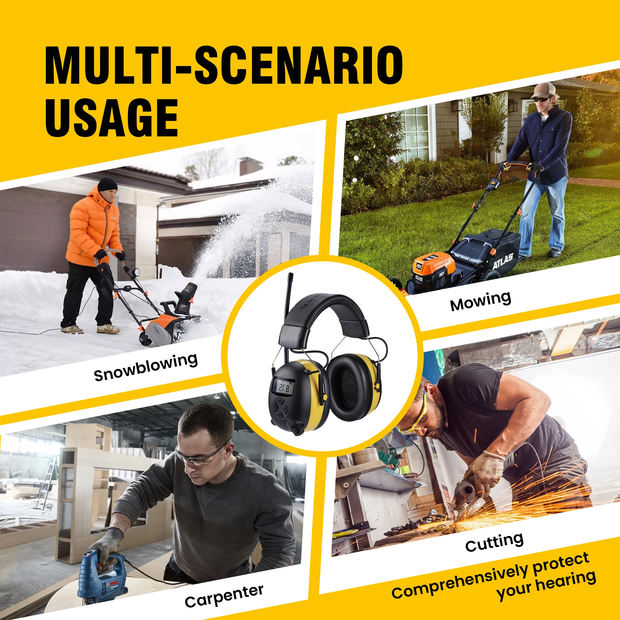 Professional Bluetooth 5.3 Hearing Protection Earmuffs - 30dB NRR with AM/FM Radio for Mowing Workshops Industrial Use