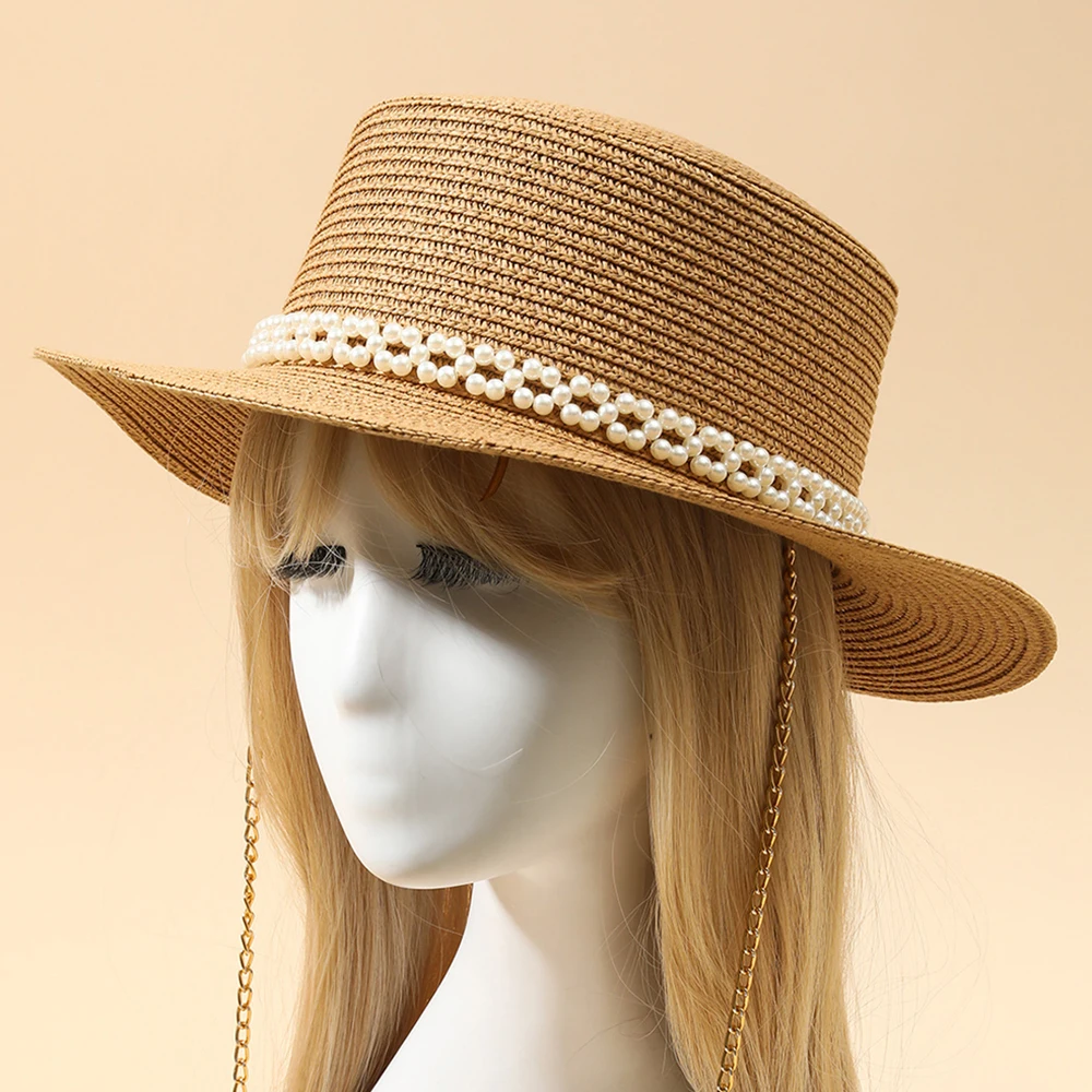 2022 Designer Chain Necklace Sun Hats With Pearl For Women Summer Foldable Beach Hats Ladies Fashion Party Hat Wholesale