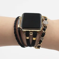 Suitable for Apple Watch Strap 38mm 40mm 41mm 42mm 45mm Black Fashion Rhinestone Woven Chain Leather Strap Bracelet Gifts