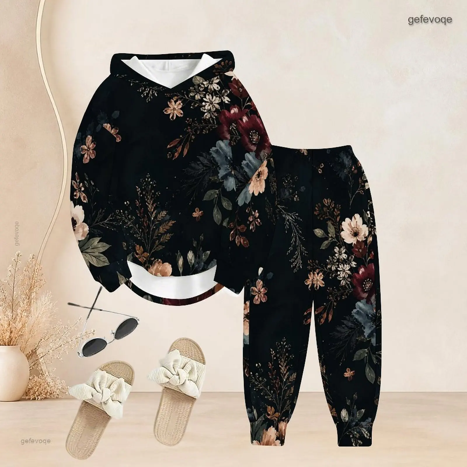 Printed Pants Set for Women Long Sleeve Hooded Top Cuffed Pants Two Piece