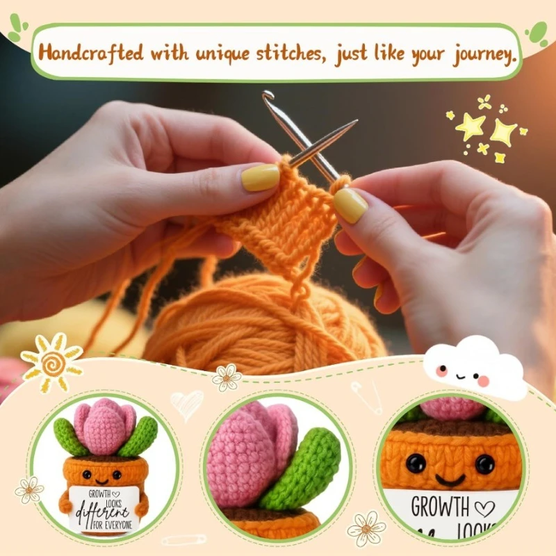 Gentle Botanical Theme Hand Crochet Yarn Potted Succulent Doll Creative Weaving Craft Lovely Desktop Display Ornament Decor