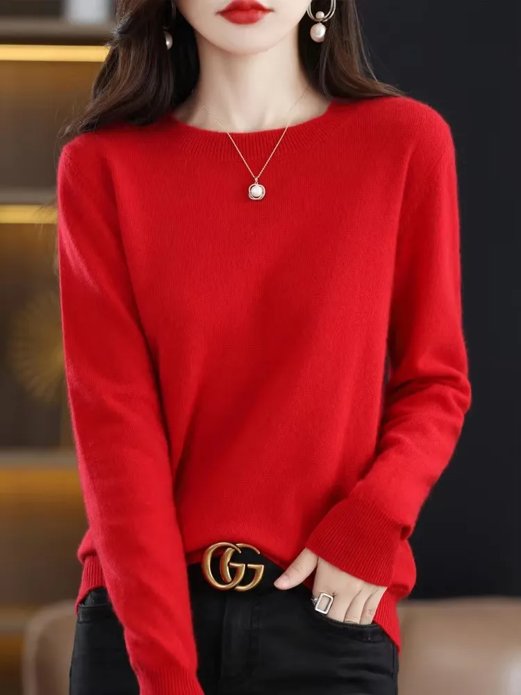 Autumn Winter Women Clothing Pullover New Fashion 100% Merino Wool Sweater Cashmere Tops Basic O-Neck Long Sleeve Knitwear