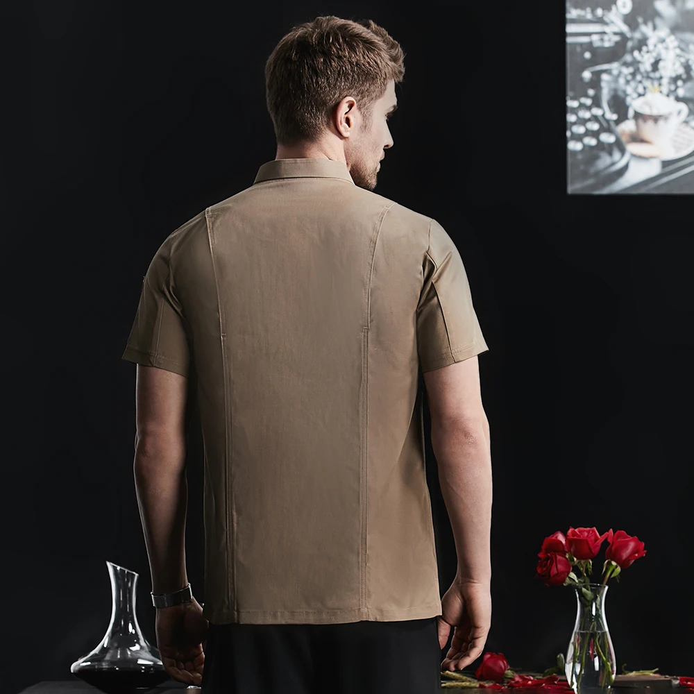 Uniforme de Chef de color caqui, ropa de trabajo para Catering, camisas para Chef, abrigo de cocina, chaqueta de Chef, restaurante de verano, barbería, camisa de camarero, delantal