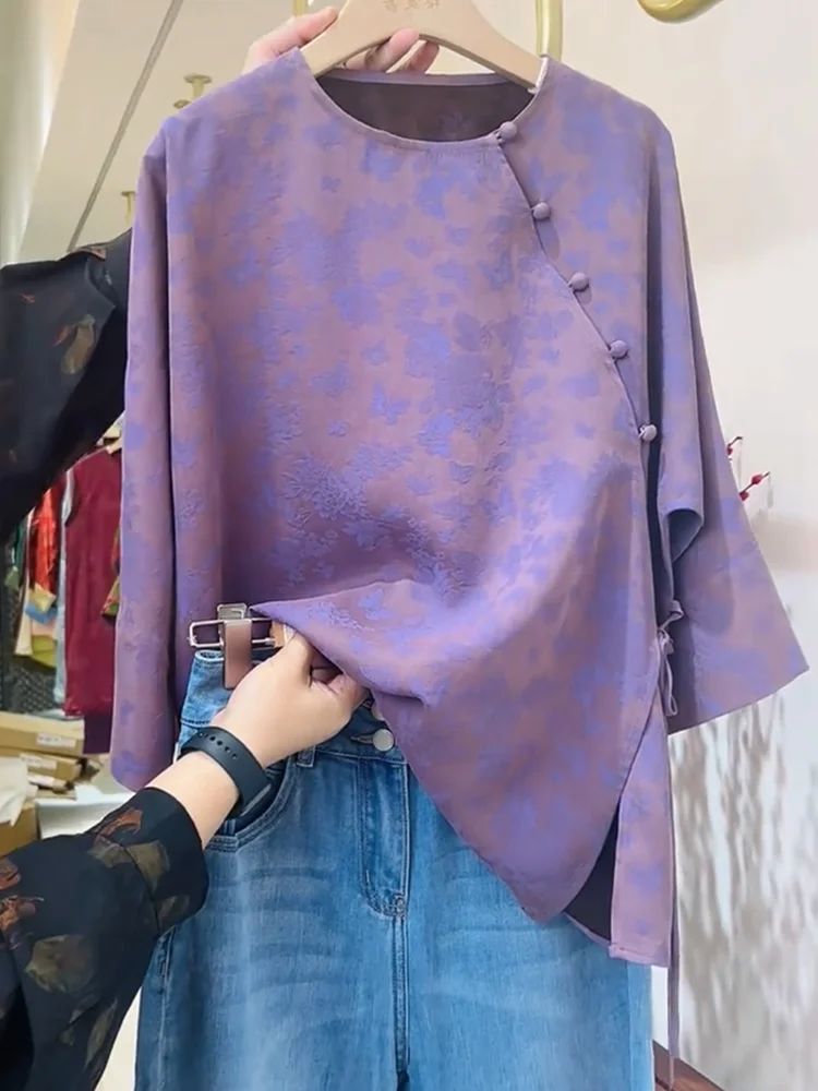 

Новая китайская летняя блузка с цветочной вышивкой и боковыми пуговицами, больших размеров, модная, стройнящая, повседневная женская одежда