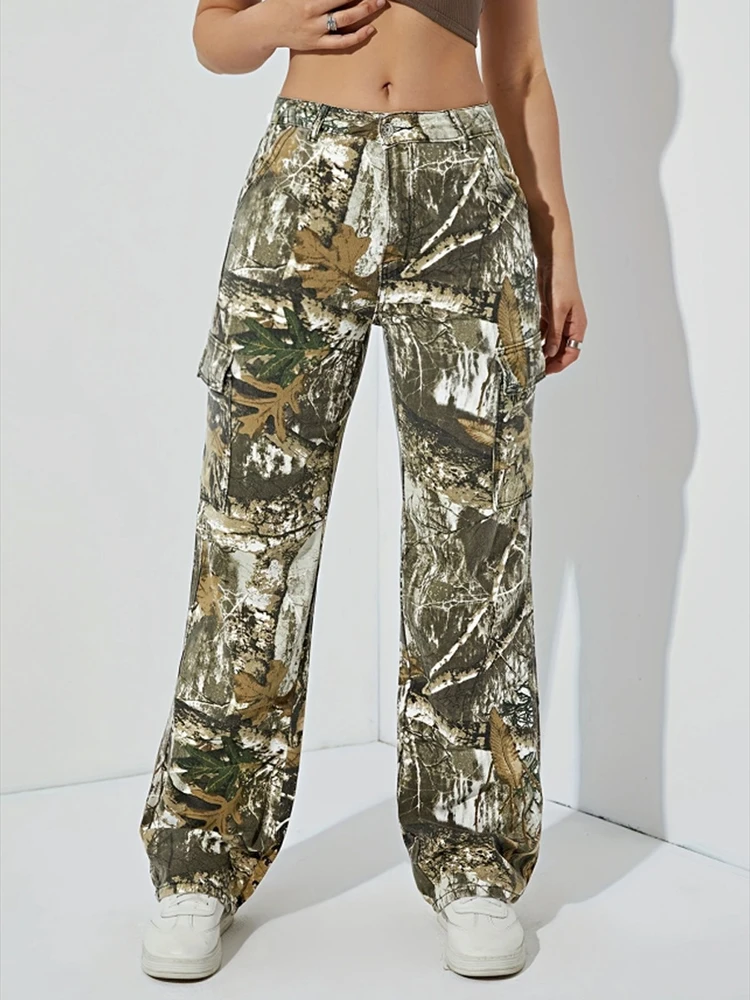 

Korean Style Trend Denim Trousers Female Casual Streetwear High Waist Straight Jeans Forest Style Print Loose Cargo Pants