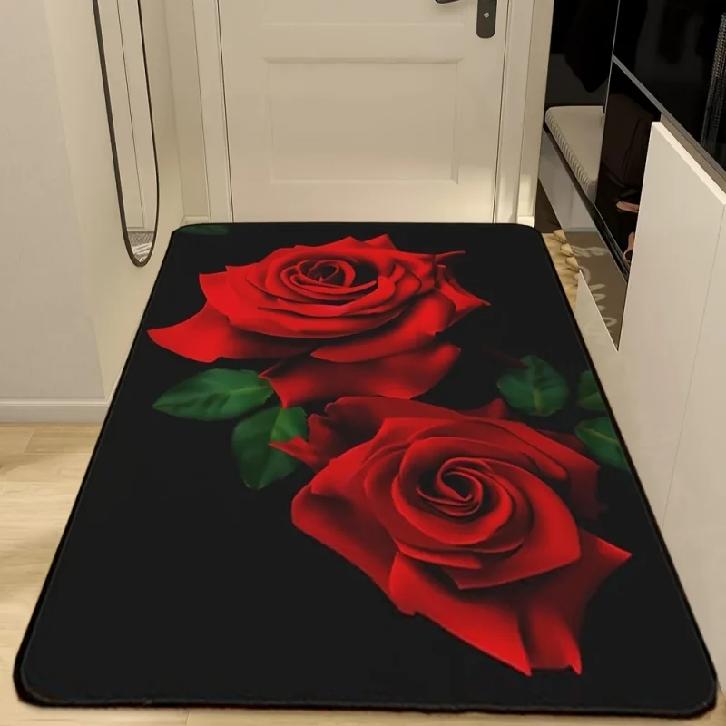 Vivid Red Rose Green Leaf Black Background Print Large Area Rug Soft Flannel Non Slip Floor Carpet for Living RoomDecor