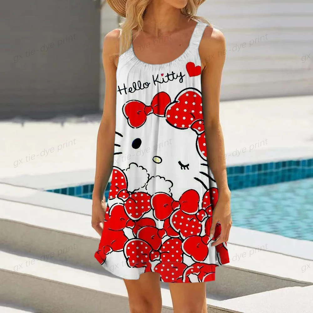 Plus Size Women Boho Beach Holiday Sundress Vestidos Hello Kitty Print Dress Summet Sexy Sleeveless O-neck Tank Robe Maxi Dress