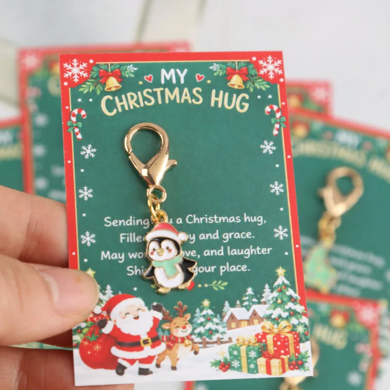 24pcs 2dMixed Christmas Keychain and Greeting Card Set，Christmas ornaments include penguins, snowmen, and Christmas trees，Paired