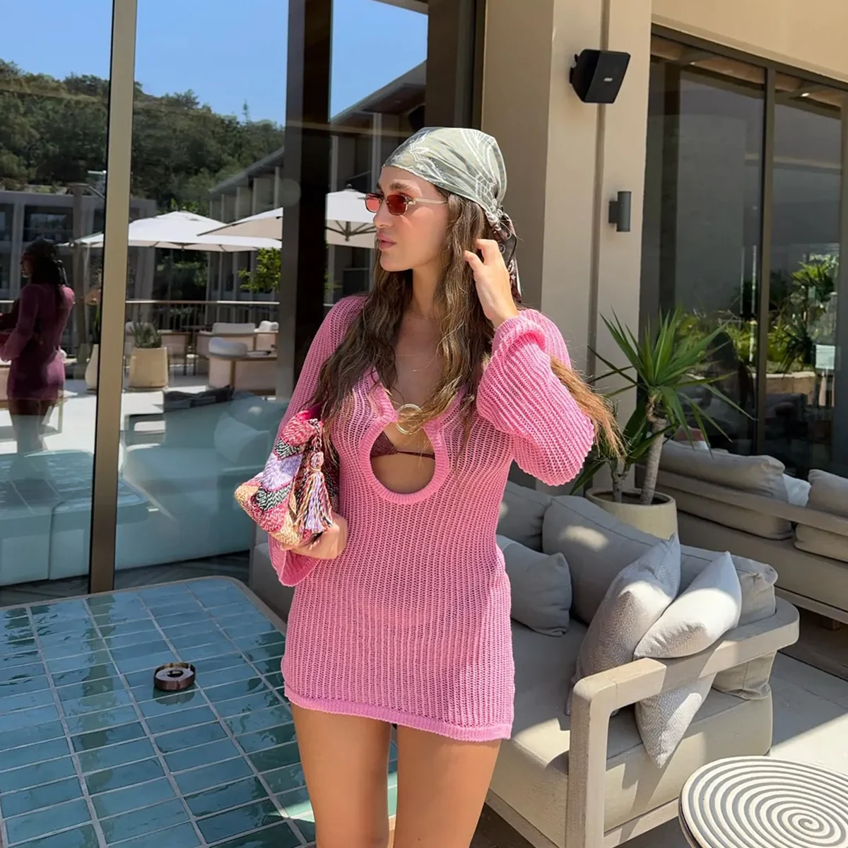 فستان نسائي صيفي قصير محبوك كاجوال، أكمام طويلة مفرغة لتغطية الشاطئ، تصميم عادي مناسب #3