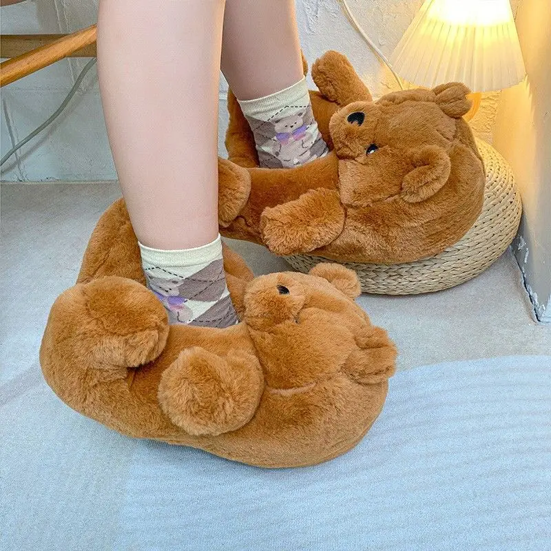 Quick shipping pink slip on animal fur slippers home fluffy bear shoes cute cartoon indoor warm fuzzy slipper home flipflops