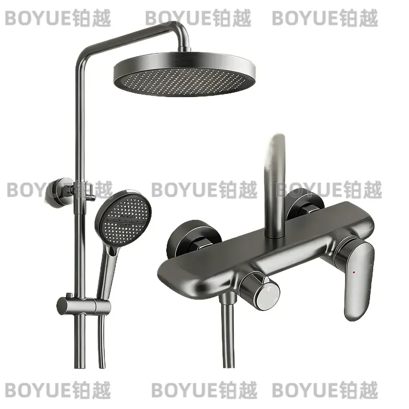 Gray Brass Shower Set Knob Control Hot Cold Water Simple Multifunctional Bathroom Rainfall System Fixture