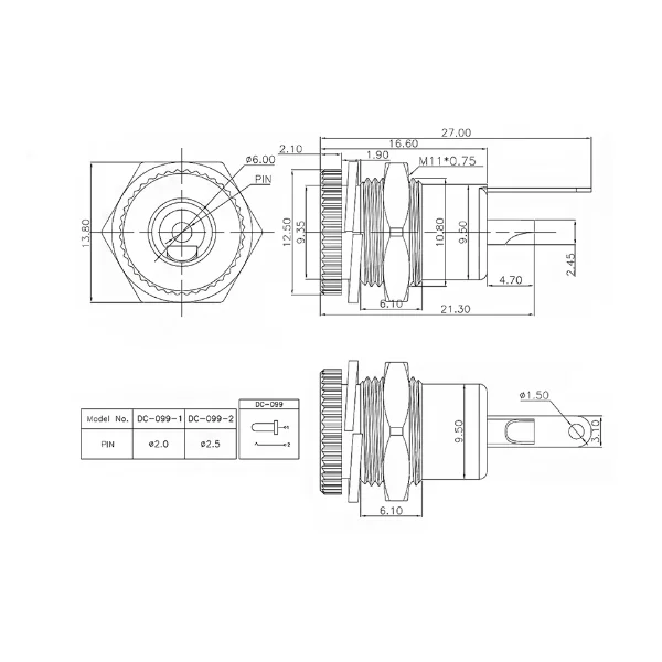 DC099 Metal Power Socket High Current 5.5*2.1mm 5.5X2.5mm Female Panel Mount Connector