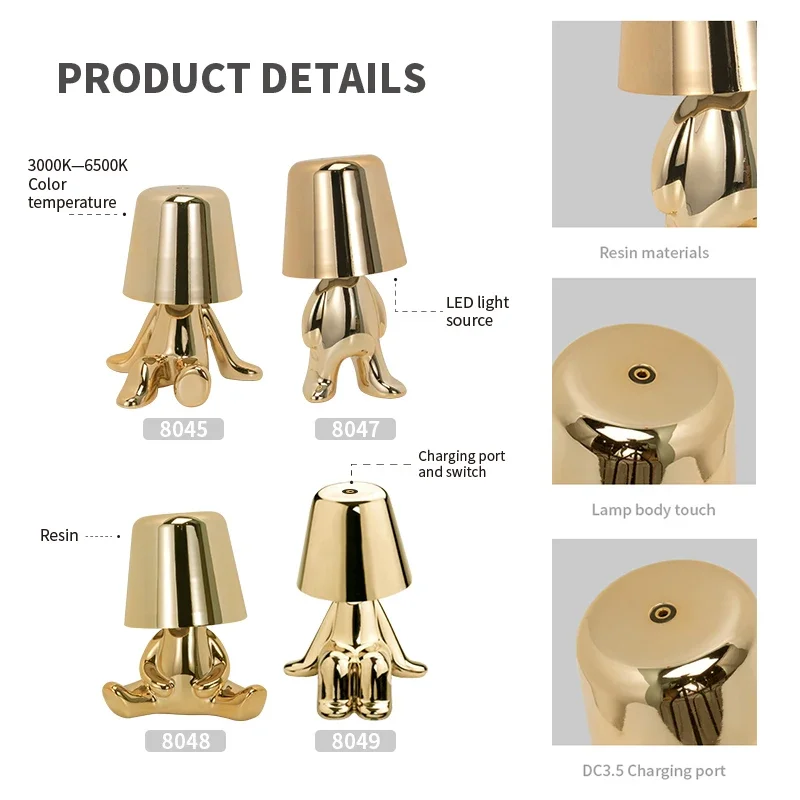 LED Little Golden Man Table Lamp Minimalist USB Bedroom Bedside Table Light Nordic Personality Luxury Design Room Decoration