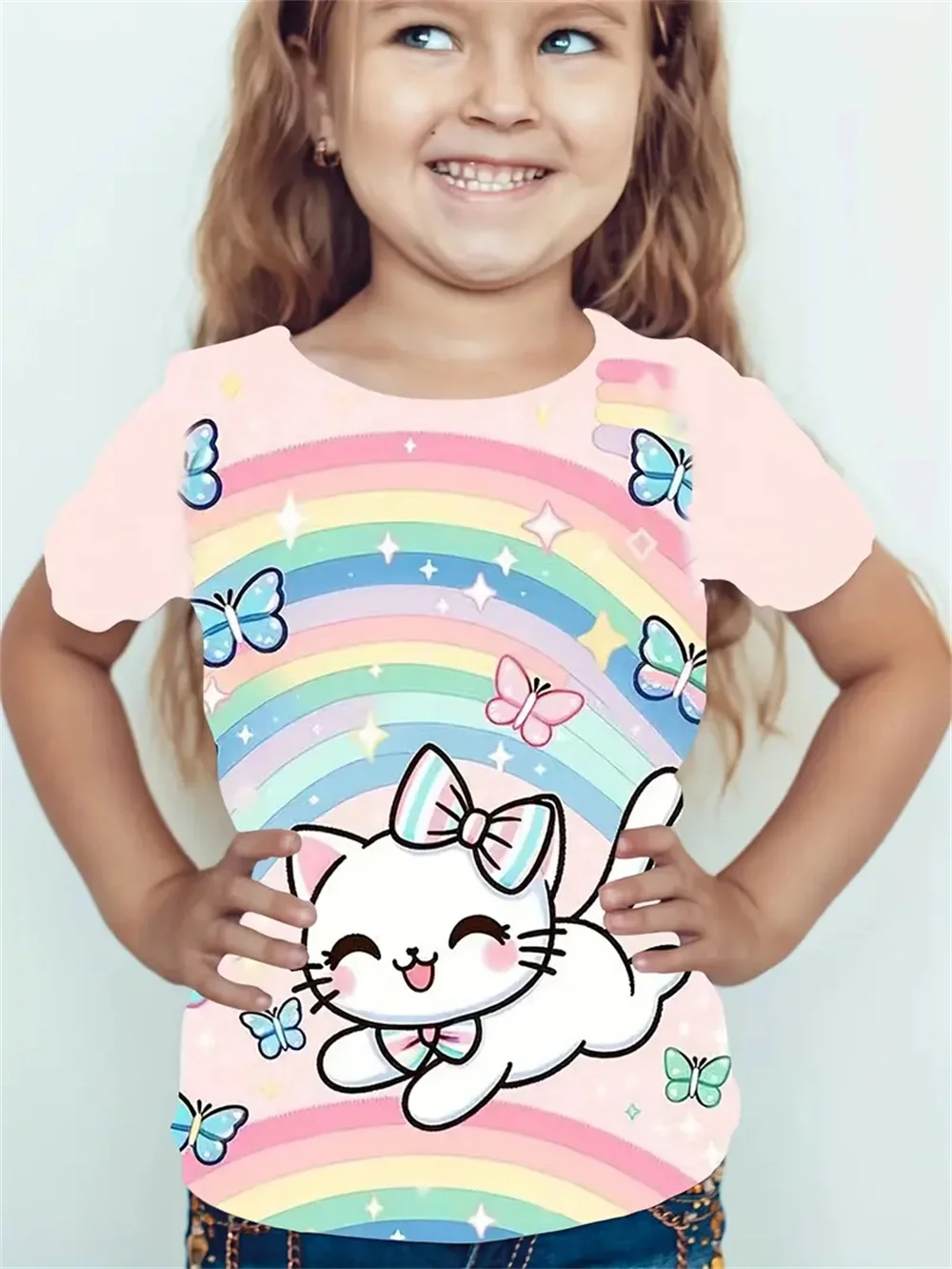 Nuevas camisetas divertidas con estampado 3d de gato Animal para niñas, camisetas de manga corta a la moda para fiesta, camisetas informales, ropa para niñas 2025