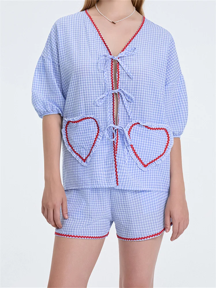 CHRONSTYLE Women 2pcs Pajama Sets Plaid Print Heart Pockets V-Neck Short Sleeve Tie-up Shirts Tops Elastic Waist Shorts Outfits