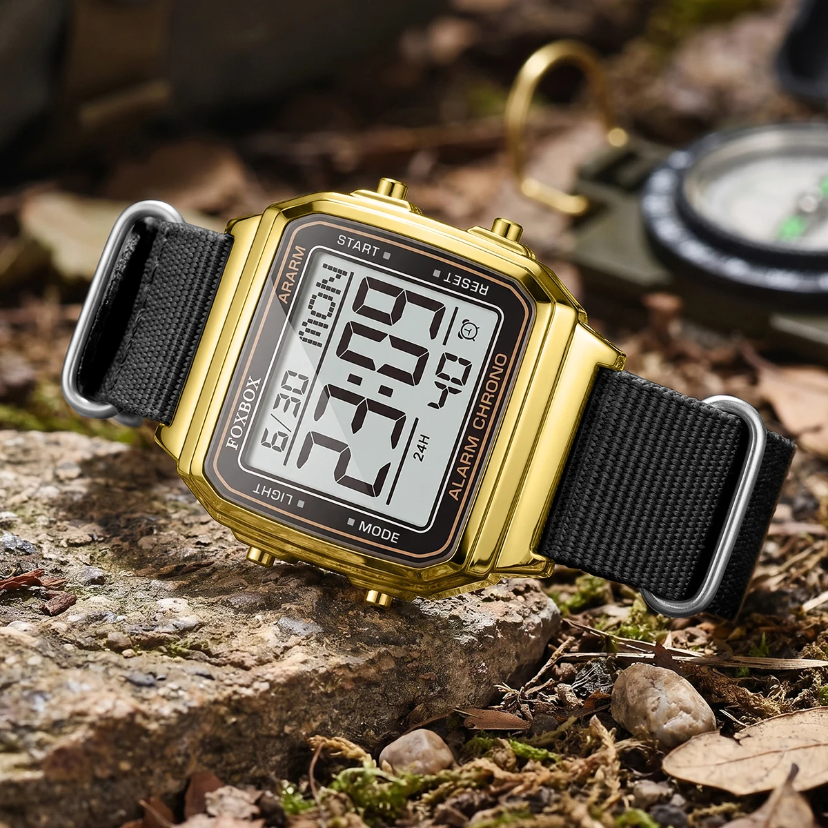 FOXBOX Creative Gold LED Analog Digital Watches for Men Military Nylon Strap Waterproof Men's Quartz Wristwatch Reloj Hombre