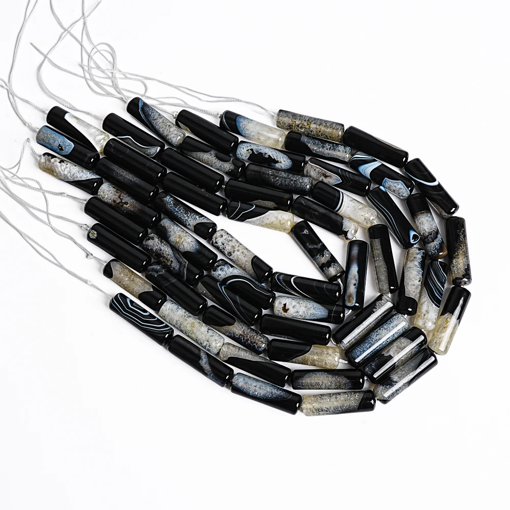 25x25x7mm Black White Cylinder Agate Loose Beads Natural Agate Stone for DIY Jewelry Making Crafting Bracelet Necklace Supplies