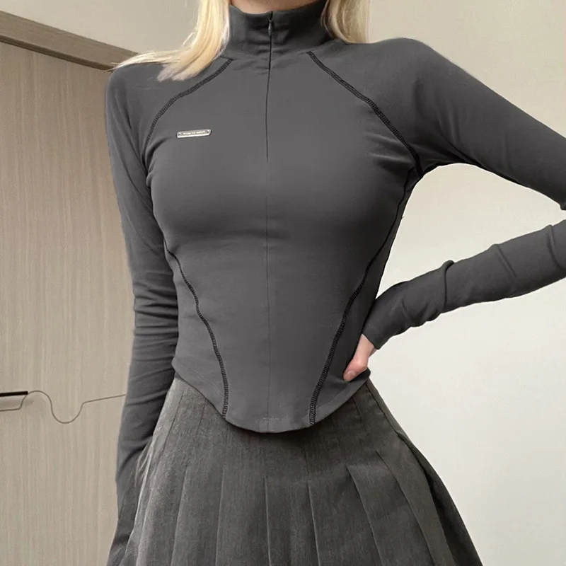 Women Sports Long Sleeve T-shirt Fashion Slim Fit Waist Cinched Half High Collar Zipper Tshirt High Quality Fitness Jogging Tops