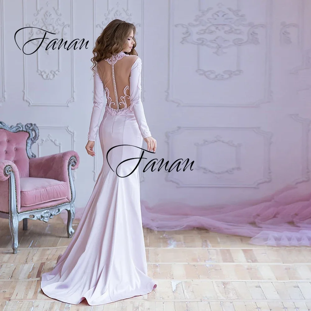 Vestidos de novia de sirena con apliques de encaje y cuentas de cuello alto personalizados, vestido de novia transparente de manga larga, vestido de novia