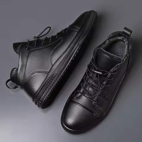 Genuine Leather Men's Casual Shoes Fashion High Top Sneakers Shoes Winter Wool Fur Warm Men Boots Outdoor Snow Non-Slip Footwear