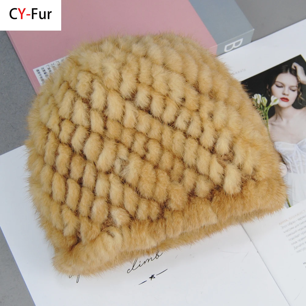 

Winter Womens Mink Fur Hats Natural Real Fur Knitted Cap Fashionable Fluffy Ladies Genuine Fur Beanie Female Black Fur Caps