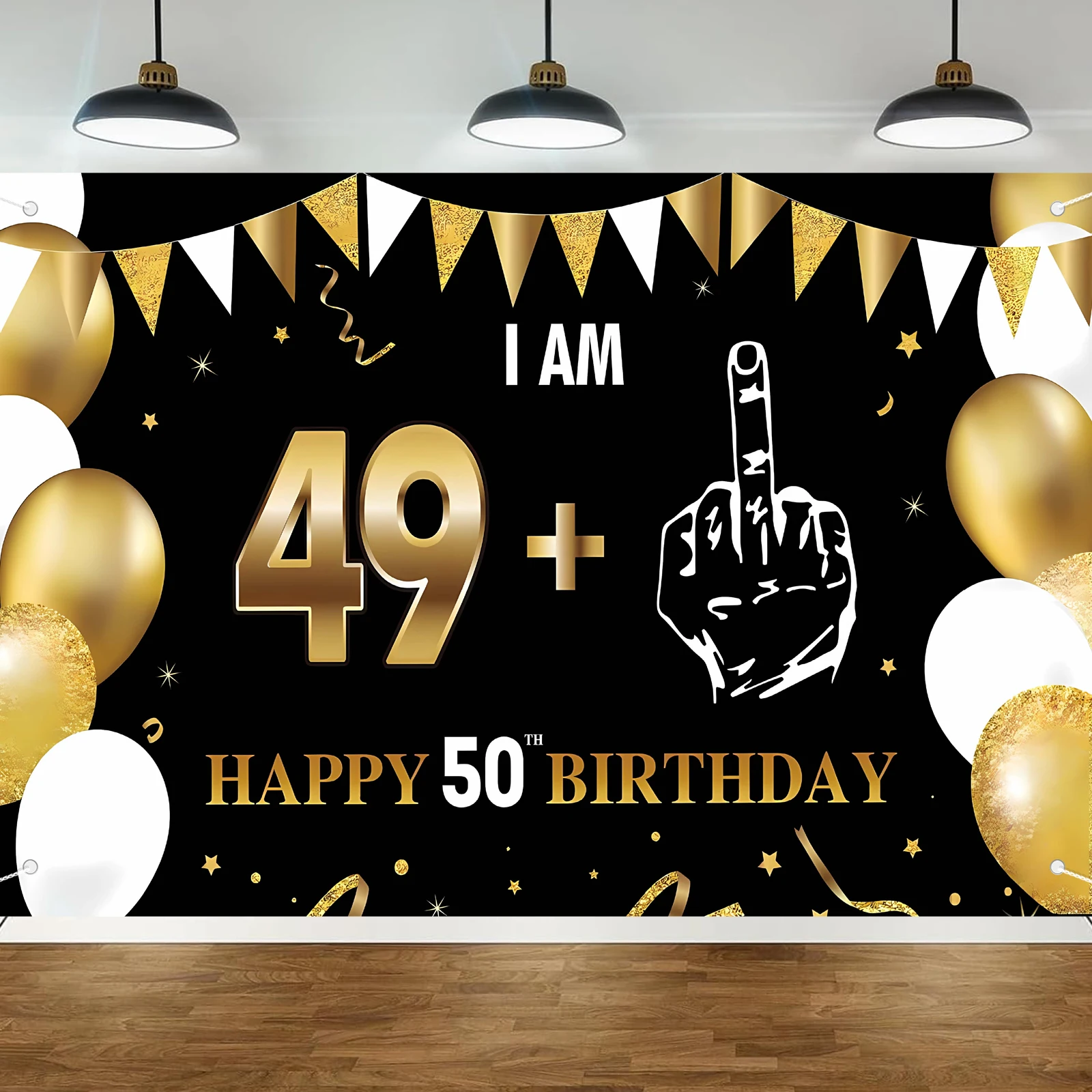 Funny 50th Birthday Decorations - I Am 49+1 Banner & Backdrop for Men & Women, Black & Gold 50 Birthday Banner Party Supplies