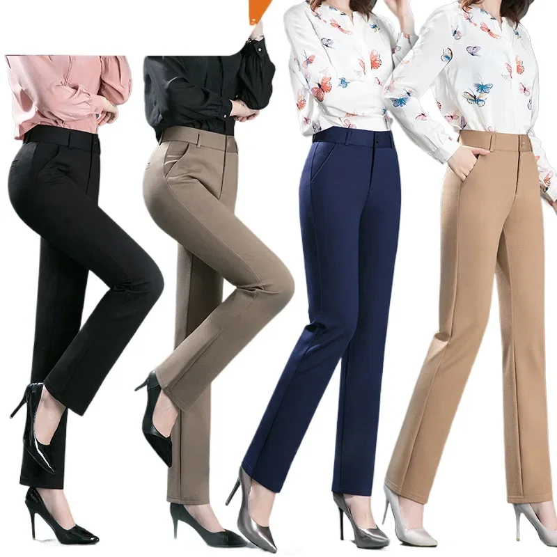 2025 Spring and Autumn Khaki High Waist Straight Baggy Pants Women, Navy Middle-aged Mom Stretch Casual Trousers,Plus Size M-8XL