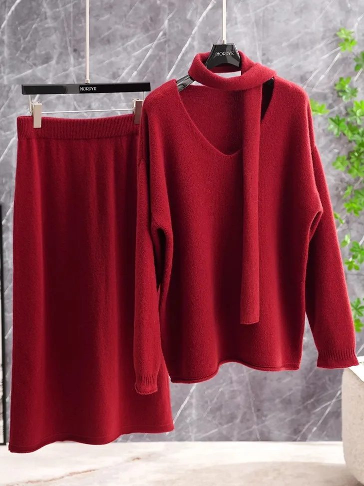 

Red Pure Wool Sweater Set Christmas Party Commended Hanging Neck Half Skirt Two Piece Set Long Sleeve V Neck Winter Fashion