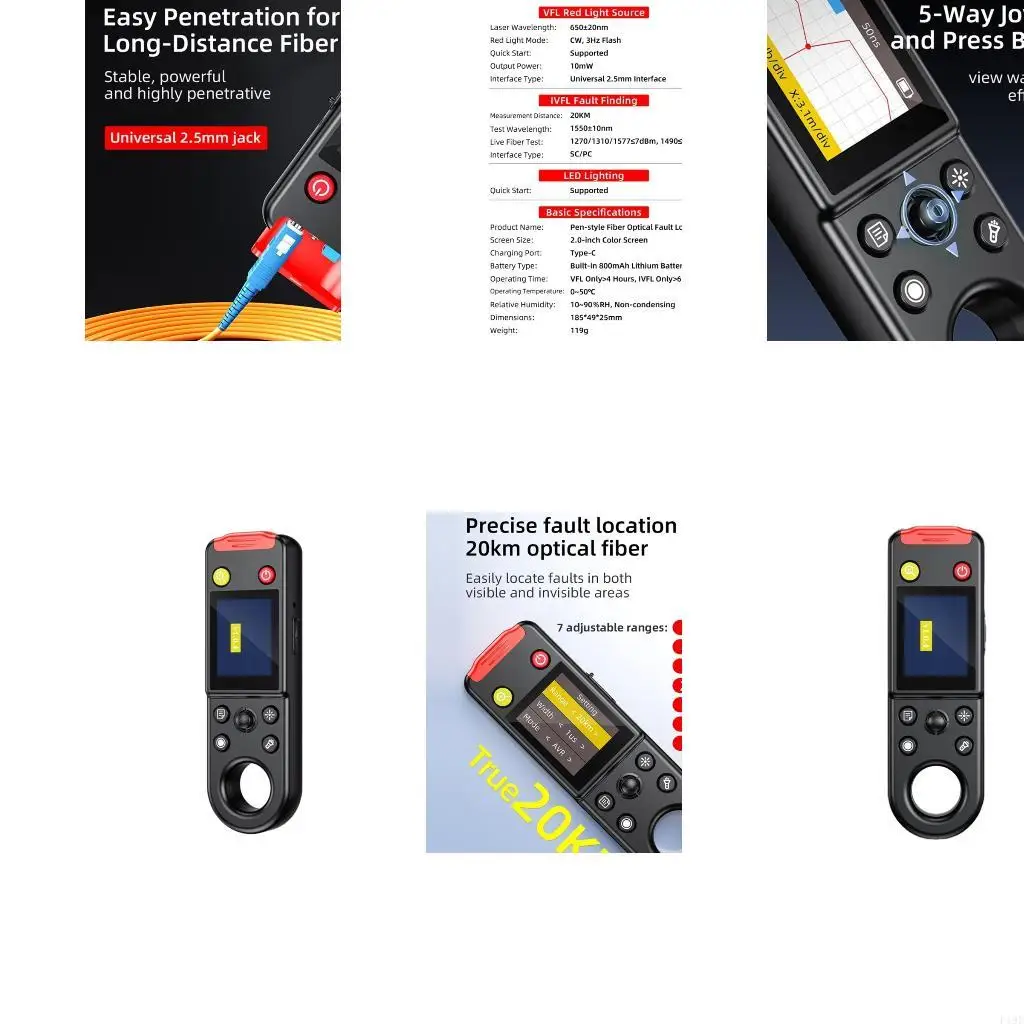 Handheld Fiber Fault Test Instrument with Event Graph Display, Integrated Red-Light Source, and Flashing Output for F19E