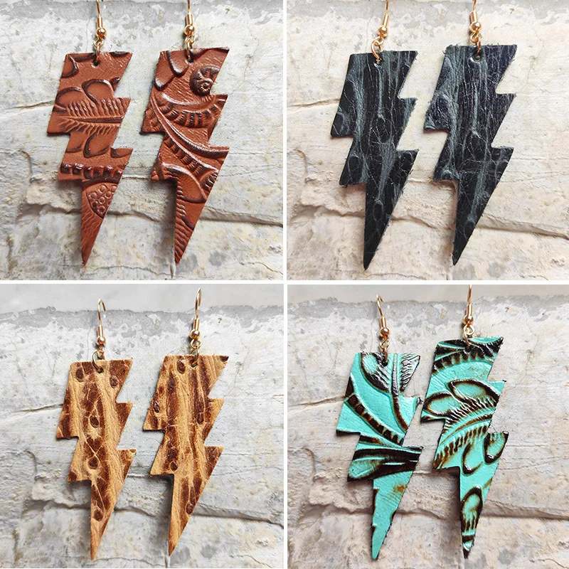 European and American Embossed Leather Earrings Simple Retro Lightning Earrings Western Cowboy Fashion Personality Women Jewelry