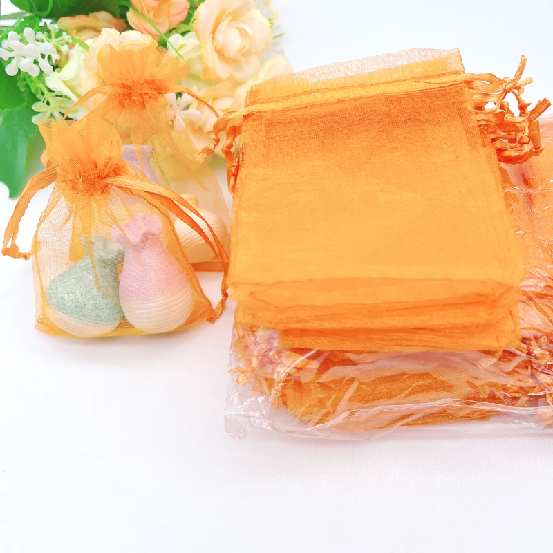 Orange Drawstring Organza Gift Bag for Christmas Sachet Pouch Jewelry Packaging Candy Storage Wedding Favors Party Supplies 100