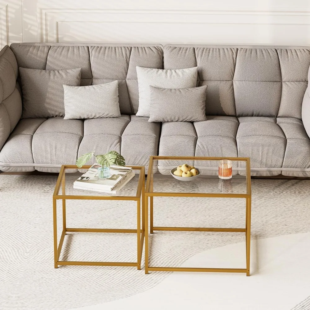 Ensemble de 2 tables basses, table d'appoint moderne en verre doré, table d'appoint carrée avec cadre en métal, tables centrales, table basse gigogne pour Livi
