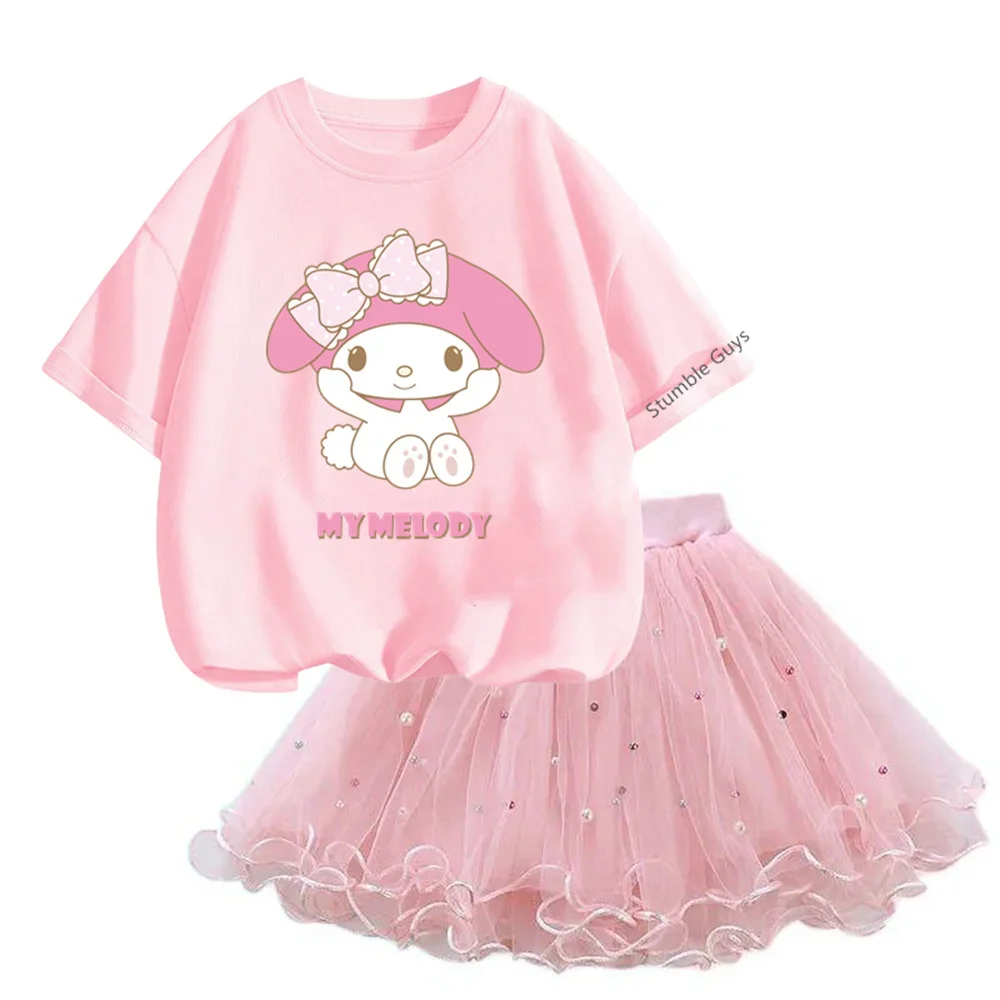 Anime Cinnamoroll T-shirt Tutu Mesh Skirt Fashion Girls Barbies Dress 2pcs Outfits Pretty Little 3-14y Kids Tshirt Set