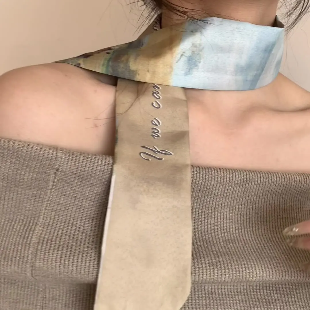 Retro Painting Premium Long Silk Scarf for Women Hair Band Headwear Bag Tie Ribbon Neck Protection Small Neck Scarf