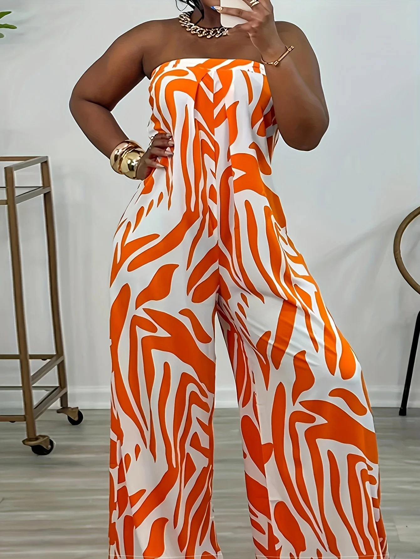 

Graphic printed strapless sleeveless zipper vacation loose jumpsuit