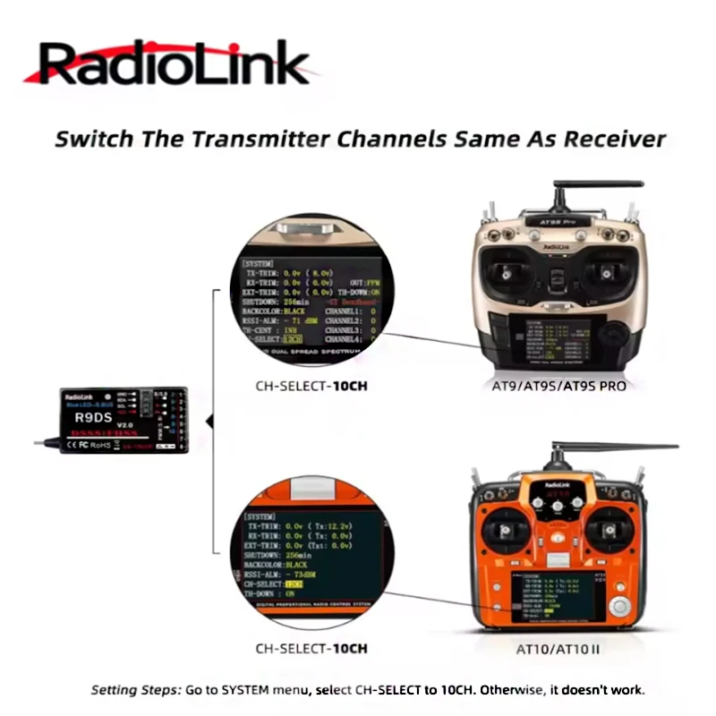 Radiolink R9DS 10CH 2.4GHz RC ตัวรับสัญญาณ SBUS PWM ยาวสําหรับเครื่องบินรถ Multirotors Fit AT9 AT10 AT9S AT10II