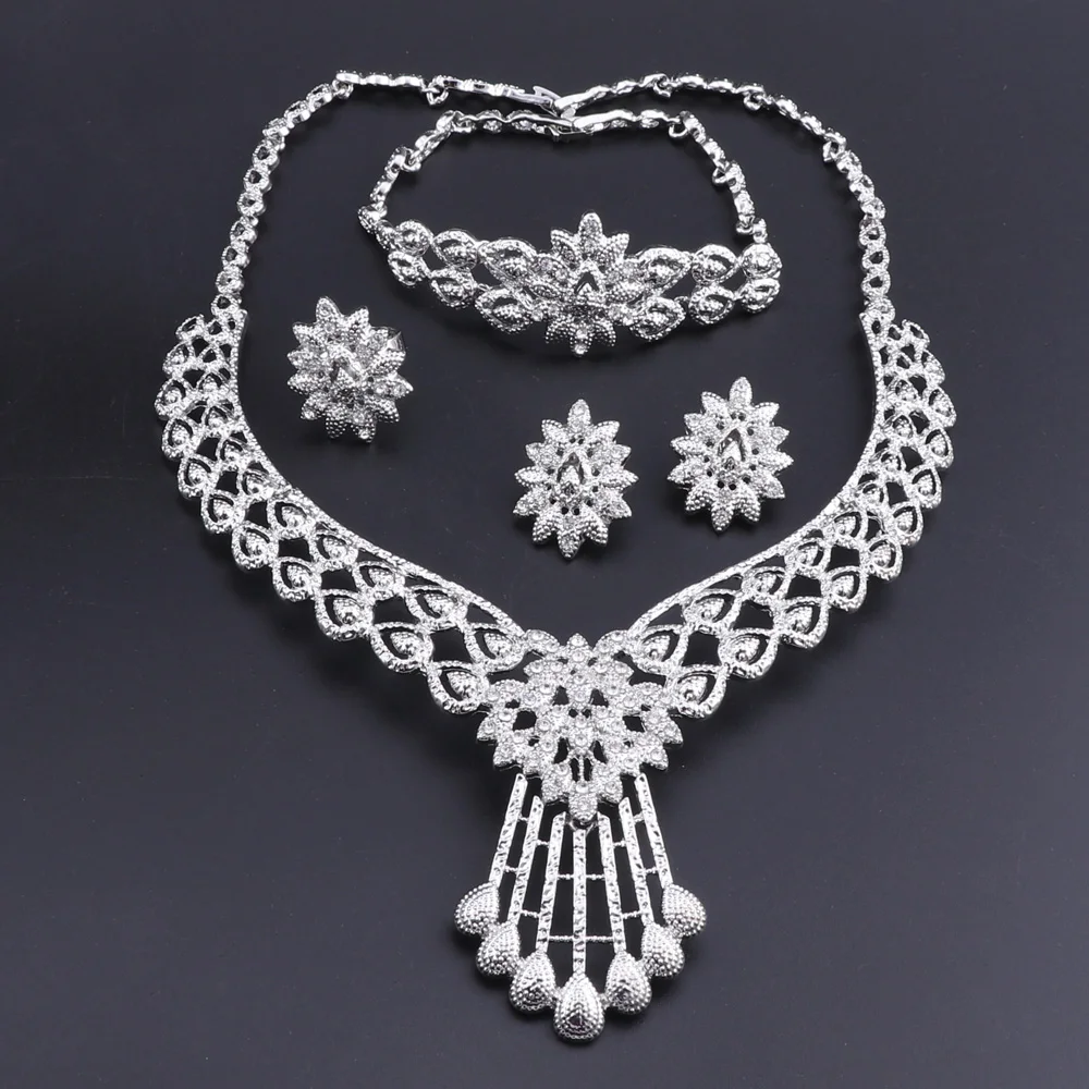 New Crystal Bridal Jewelry Sets Silver Plated Wedding Necklace Earrings Bracelet Ring African Beads Jewelry Sets Accessories